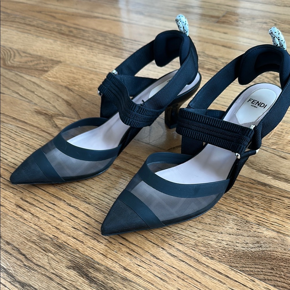 Fendi Black Pointed-Toe Mesh and Strap Heels